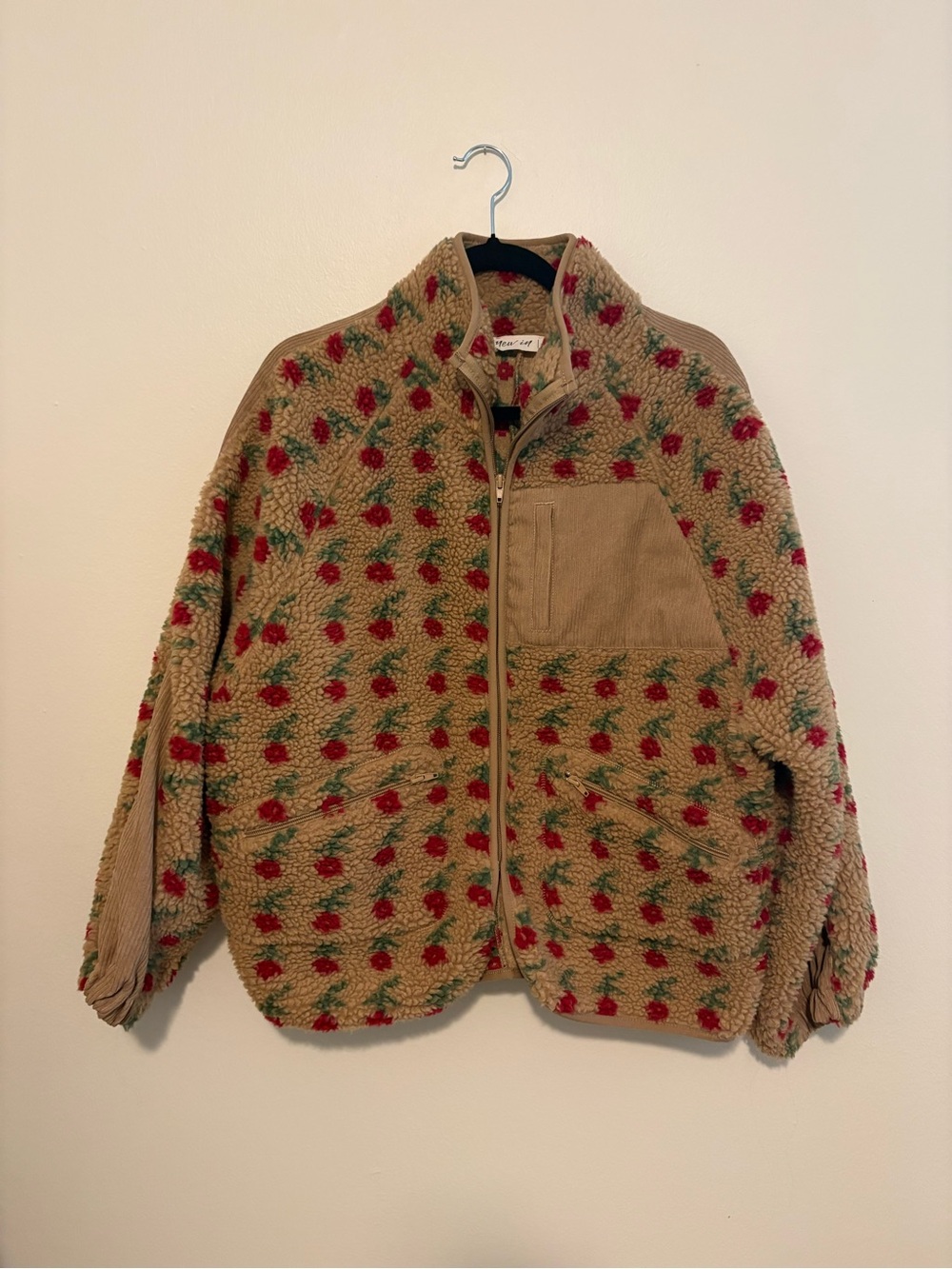 Women’s Floral Sherpa Jacket - Tan with Red & Green Accents - Picture 3 of 5